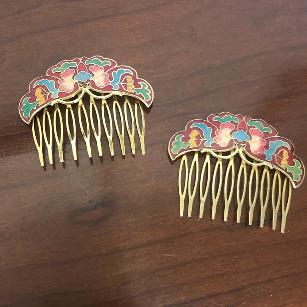 Vintage Butterfly Cloisonné Hair Combs